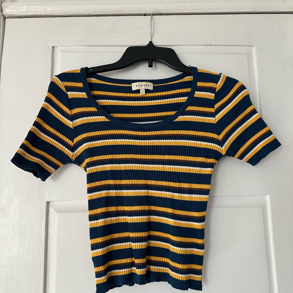 Beware Ribbed Knit Top with Stripes